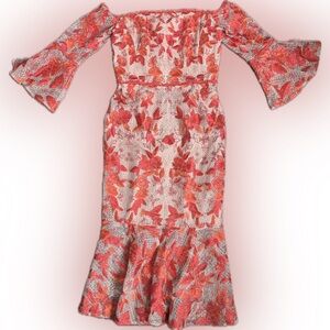 Marchesa Notte off the shoulder fluted embroidered tulle midi dress red/pink